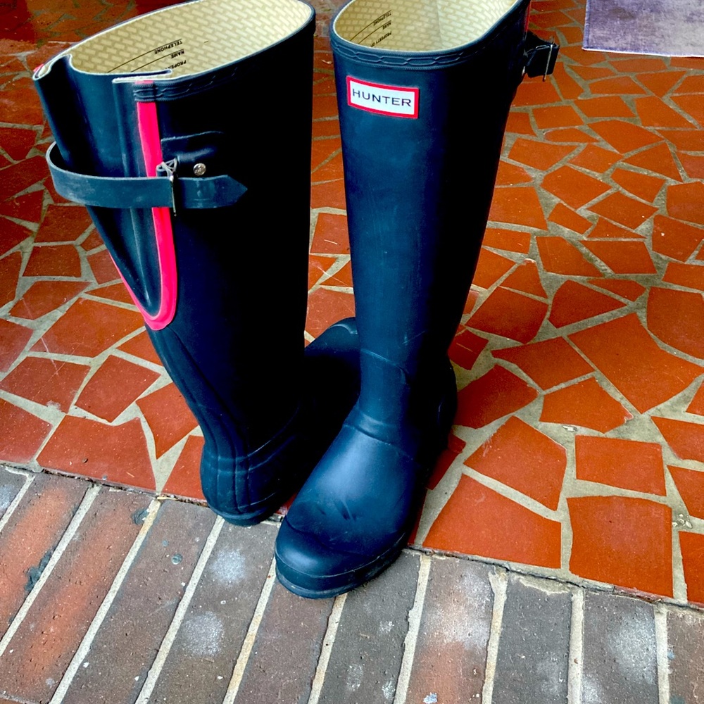 Hunter Black Rain Boots with Red Trim